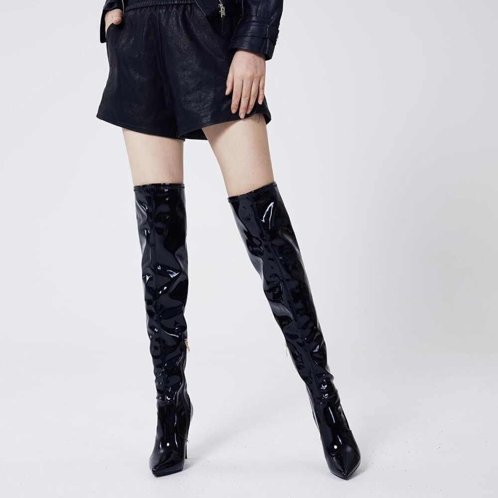 Women Black Patent Suede Pointed Toe 4.3 inch Stilettos Thigh High Heels Boots - Picture 6 of 8